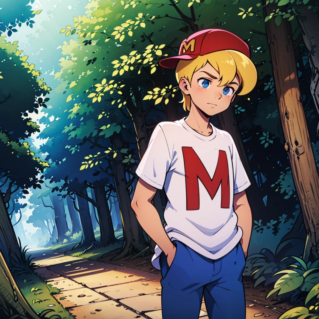 solo, 1boy, mighty max, blonde hair, red hat, white shirt, blue pants, blue eyes, short sleeves, hands in pockets, sideways hat, <lora:MightyMax_Leaf2-v2:0.8>, walking, forest,