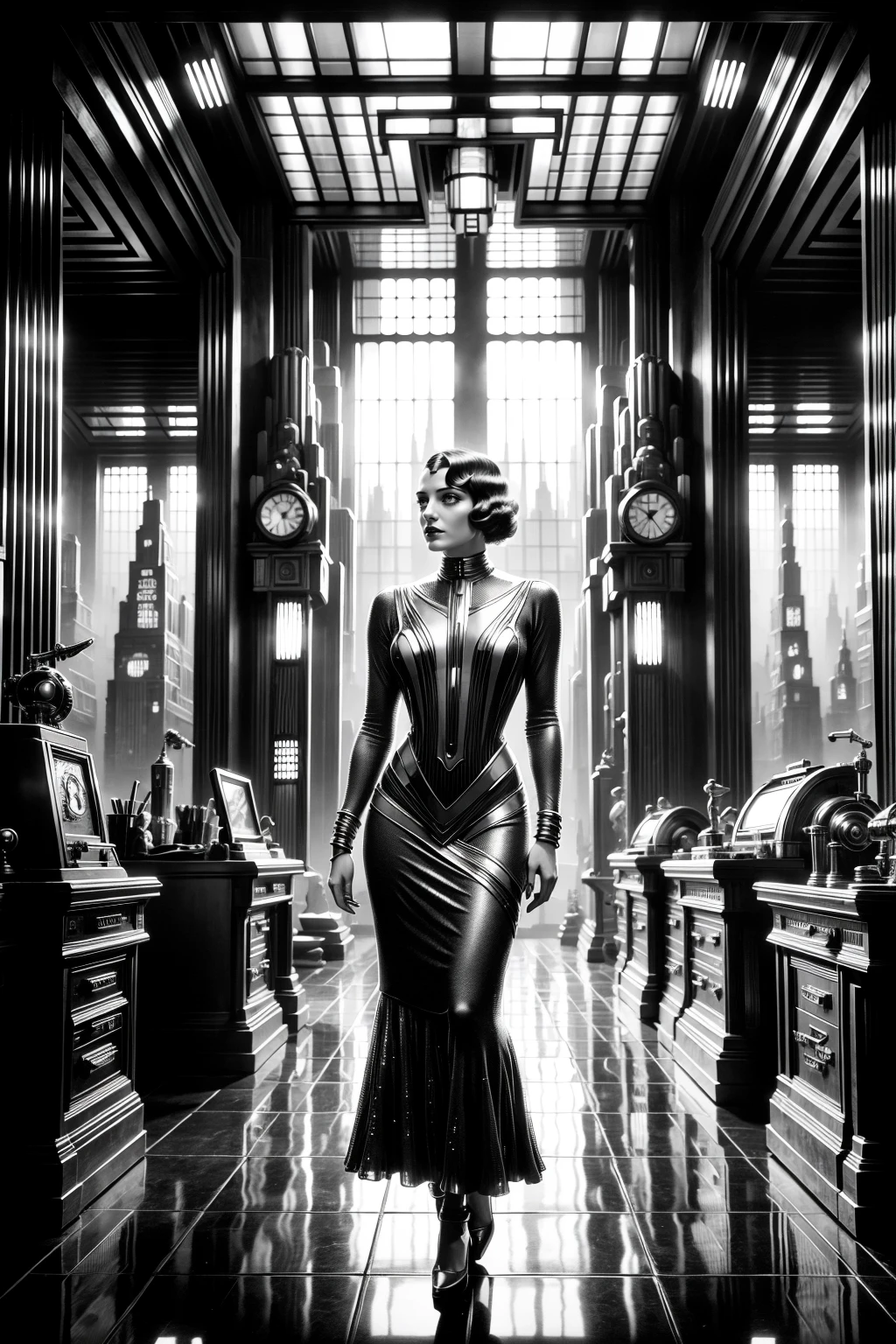 mad-ropolis-movie, woman, office, futuristic, stylized, art deco, expressionist, 1920s, black and white <lora:Metropolis_Movie_Style_SD1.5:0.8>, (masterpiece:1.2), best quality