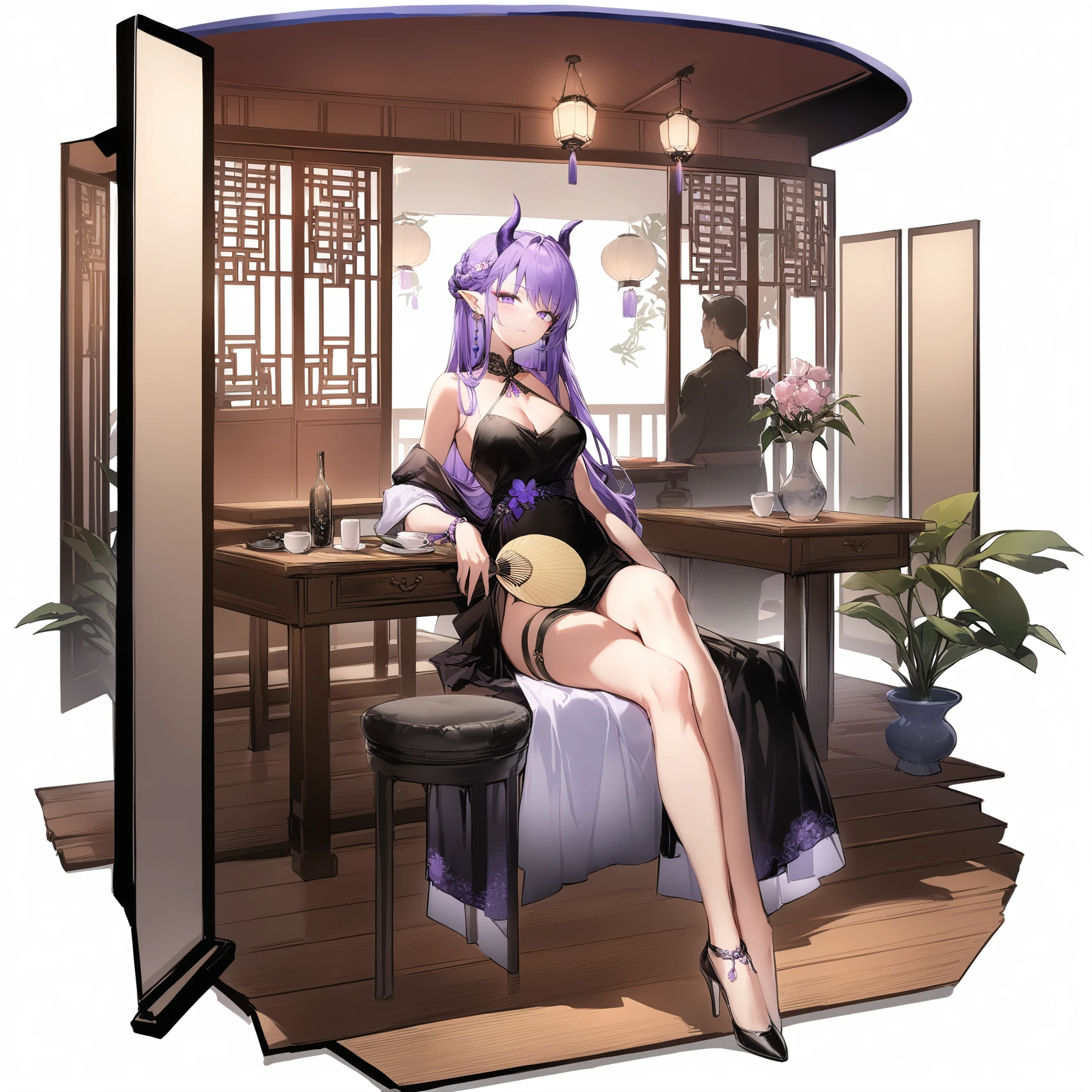 [transparent background, ::0.425]masterpiece, best quality,
sitting, dress, long hair, purple hair, potted plant, breasts, looking at viewer, jewelry, purple eyes, crossed legs, horns, hand fan, table, black footwear, thigh strap, black dress, pointy ears, lantern, plant, bare legs, full body, 1girl, vase, solo focus, official alternate costume, earrings, bracelet, indoors, braid, cleavage, uchiwa, 1boy, paper lantern, bangs, closed mouth, sleeveless dress, medium breasts, paper fan, flower, hair ornament, hat, black headwear, sleeveless, shoes, high heels, cup, stool, wooden table