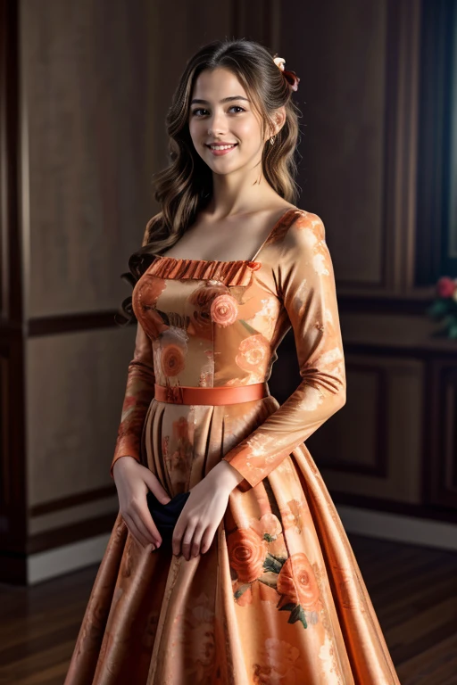 ((Masterpiece, best quality, cinematic lighting, 8k, full body shot, long hair, hour glass body)), (smile:0.85), (realistic background)
<lora:Floral_Ballgown_By_Stable_Yogi:1>  orange floral print ballgown, hair bow, ribbon