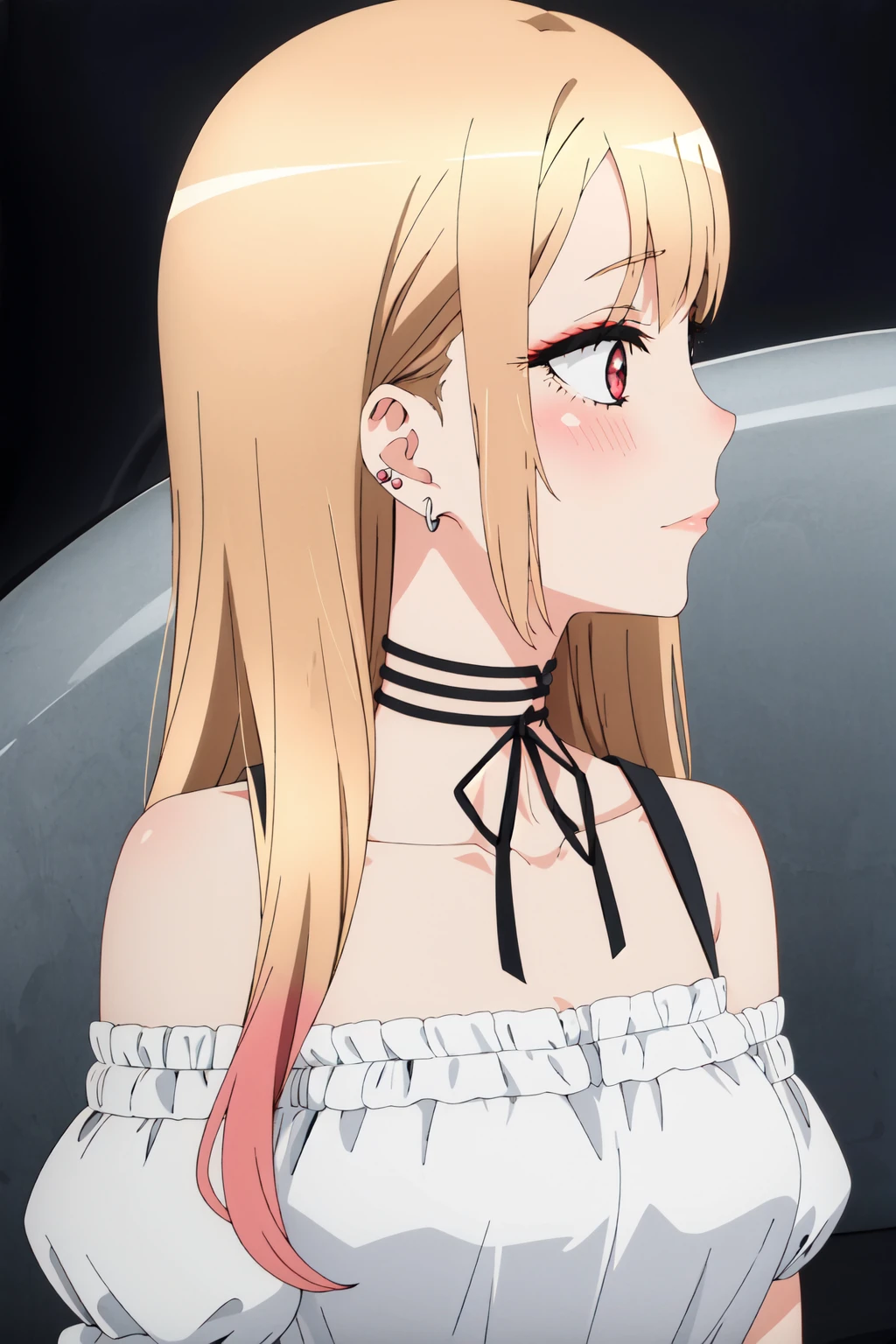 <lora:anime_screencap_v2:0.3> tall body, tall, long legs, mature female, mature, adult, <lora:GoodHands-beta2:1.4>,
<lora:eft_marin-02:1>, eft_marin, 1girl, kitagawa marin, jewelry, solo, blonde hair, blush, long hair, bracelet, piercing, red eyes, ear piercing, upper body, earrings, shirt, bare shoulders, multicolored hair, black background, bangs, off shoulder, ring, white shirt, choker, collarbone, off-shoulder shirt, closed mouth, gradient hair, barbell piercing, looking to the side, bead bracelet, simple background, black ribbon, industrial piercing