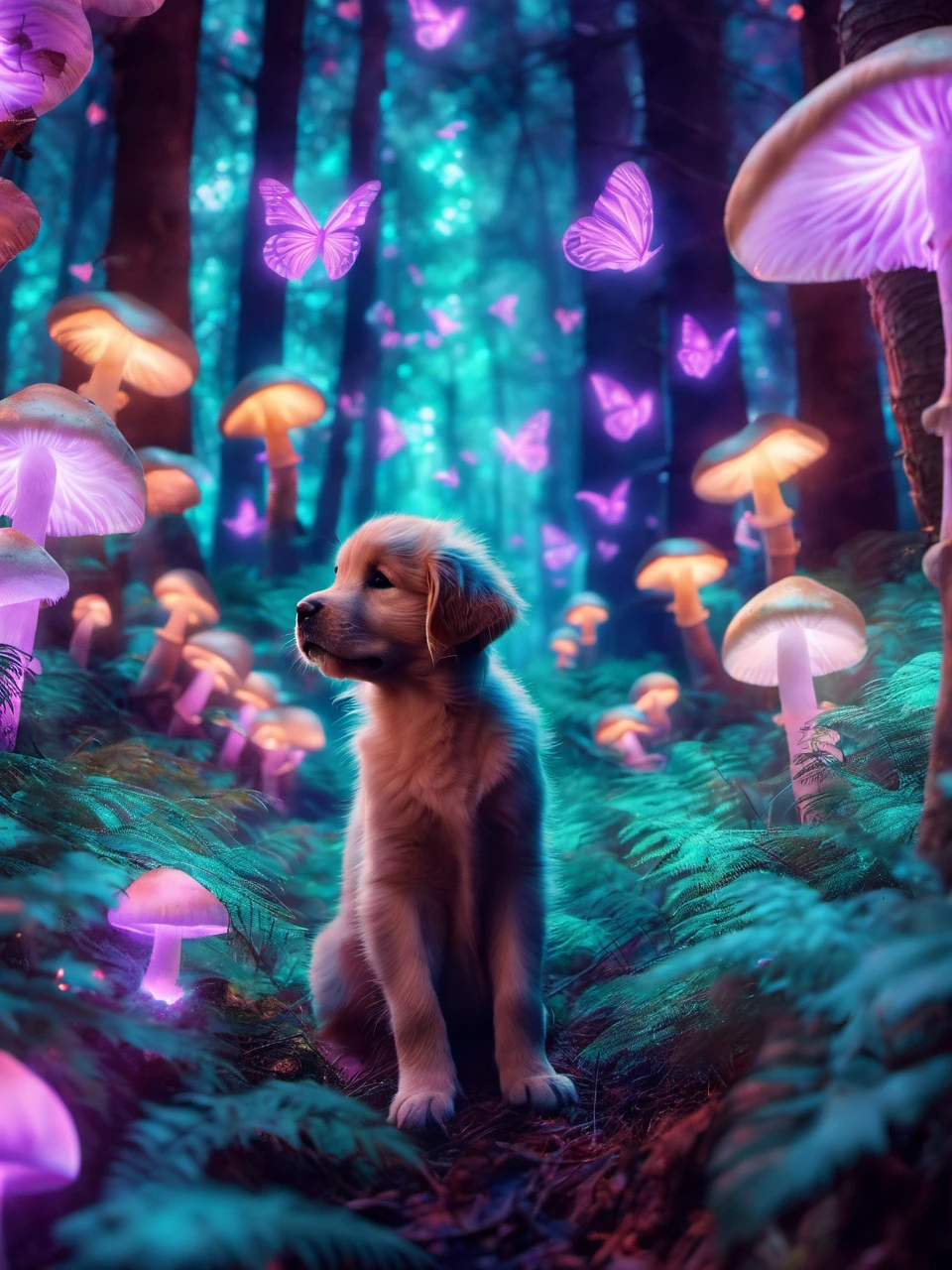 pet portrait of 1 chubby smiling golden retriever puppy in a glowing forest with glowing mushrooms and glowing butterflies, hd, pet photography, full body portrait, distant portrait  <lora:glowing_forest_pet_portrait-000004:1>