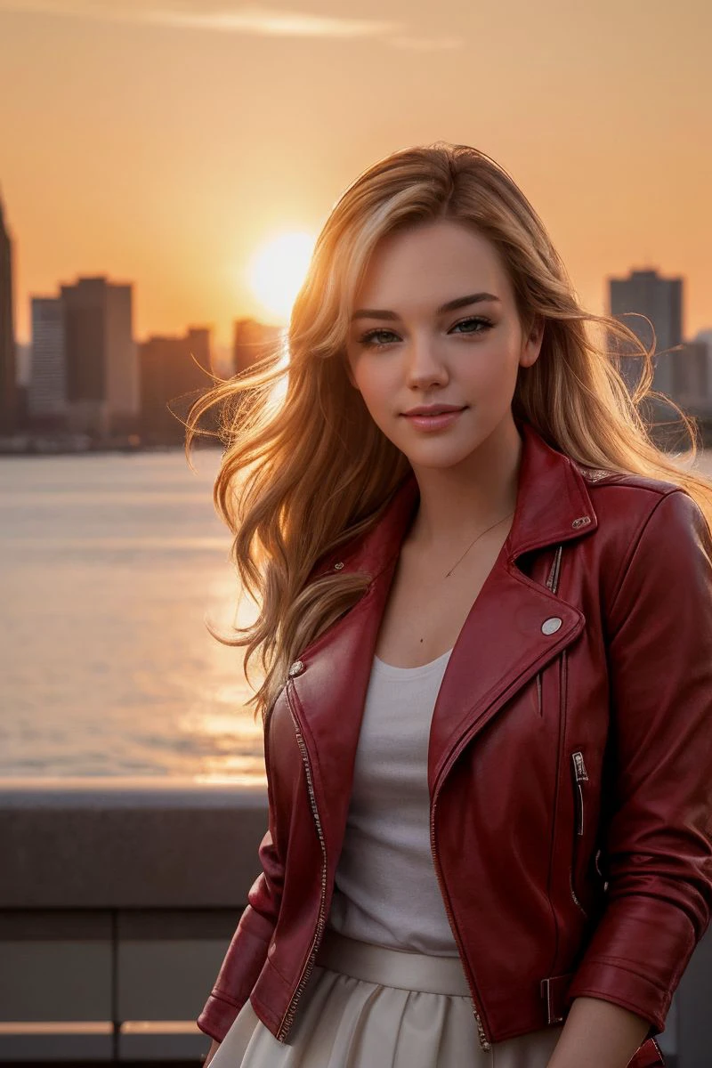 photo of S310_KennaJames,a stunning woman,in a (city:1.1),wearing a (red-leather-jacket:1.1) and a (skirt),(sunset),(4k, RAW photo, best quality, depth of field, ultra high res:1.1),(absurdres, intricate, photorealistic, masterpiece, ultra-detailed:1.1),