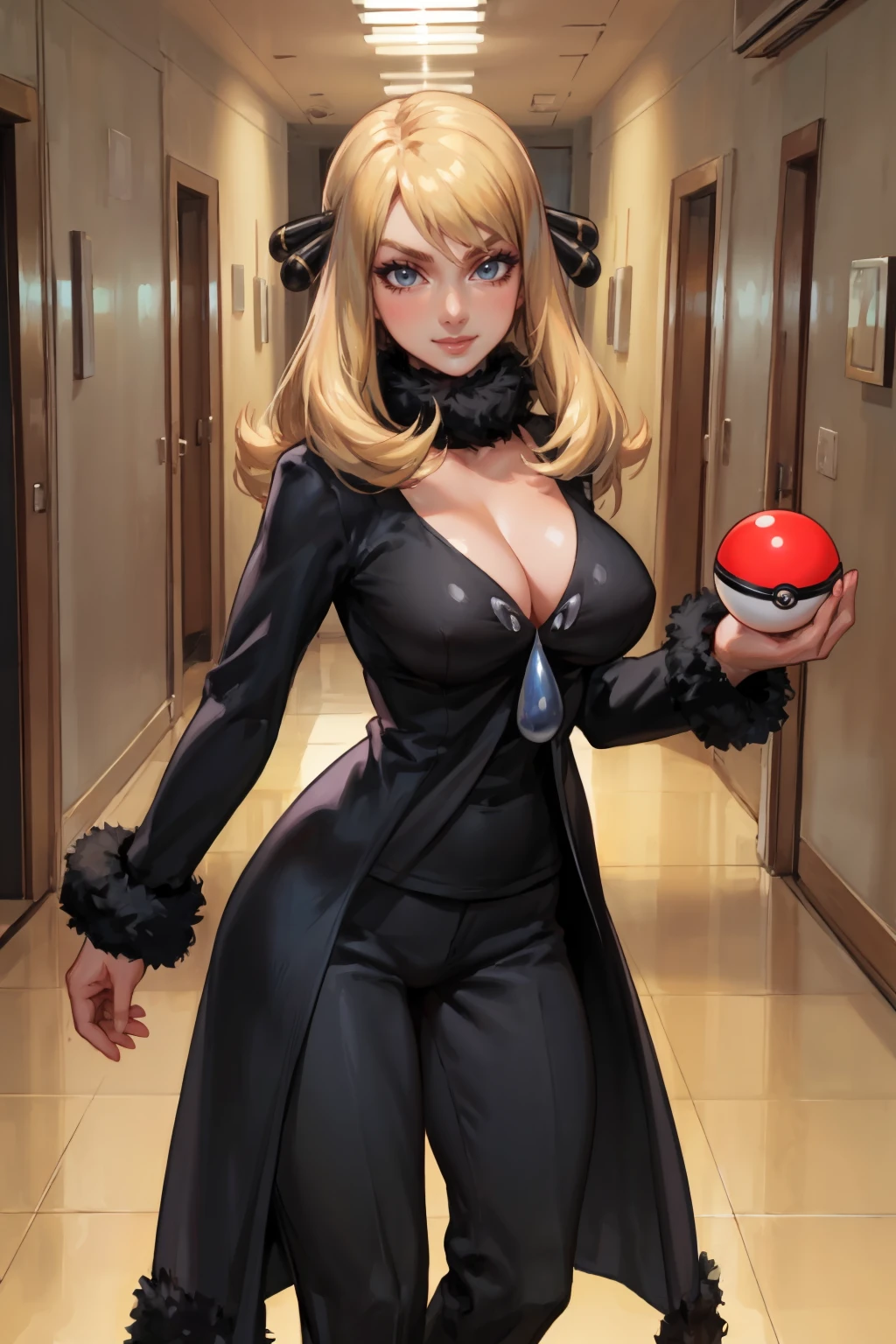 masterpiece, best quality, 1girl, solo, Oleana from Pokemon, long blonde hair, green irises, wearing a red shirt, with a hint of cleavage, in a black skirt and pantyhose. She has a white coat, well-done makeup, lipstick, and is styled in a pencil skirt. (holding a poke ball:1.3). (Determined expression:1.2), Completing her look is a choker and hoop earrings. (Background: Indoors, the hallways of a corporate office)
