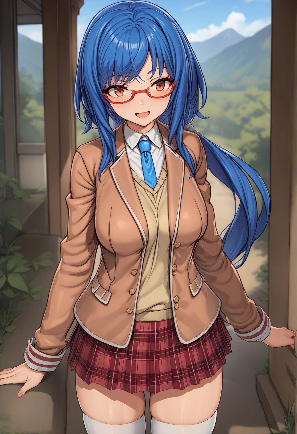1girl, cowboy shot, smile, open mouth, nature, blue sky,
bg_minagi, red eyes, blue hair, long hair, low ponytail, bangs, red-framed eyewear, school uniform, brown jacket, blazer, necktie, long sleeves, shirt, plaid skirt, white thighhighs, <lora:BG_minagi_sdxl_ver1:0.7>
best quality, masterpiece
