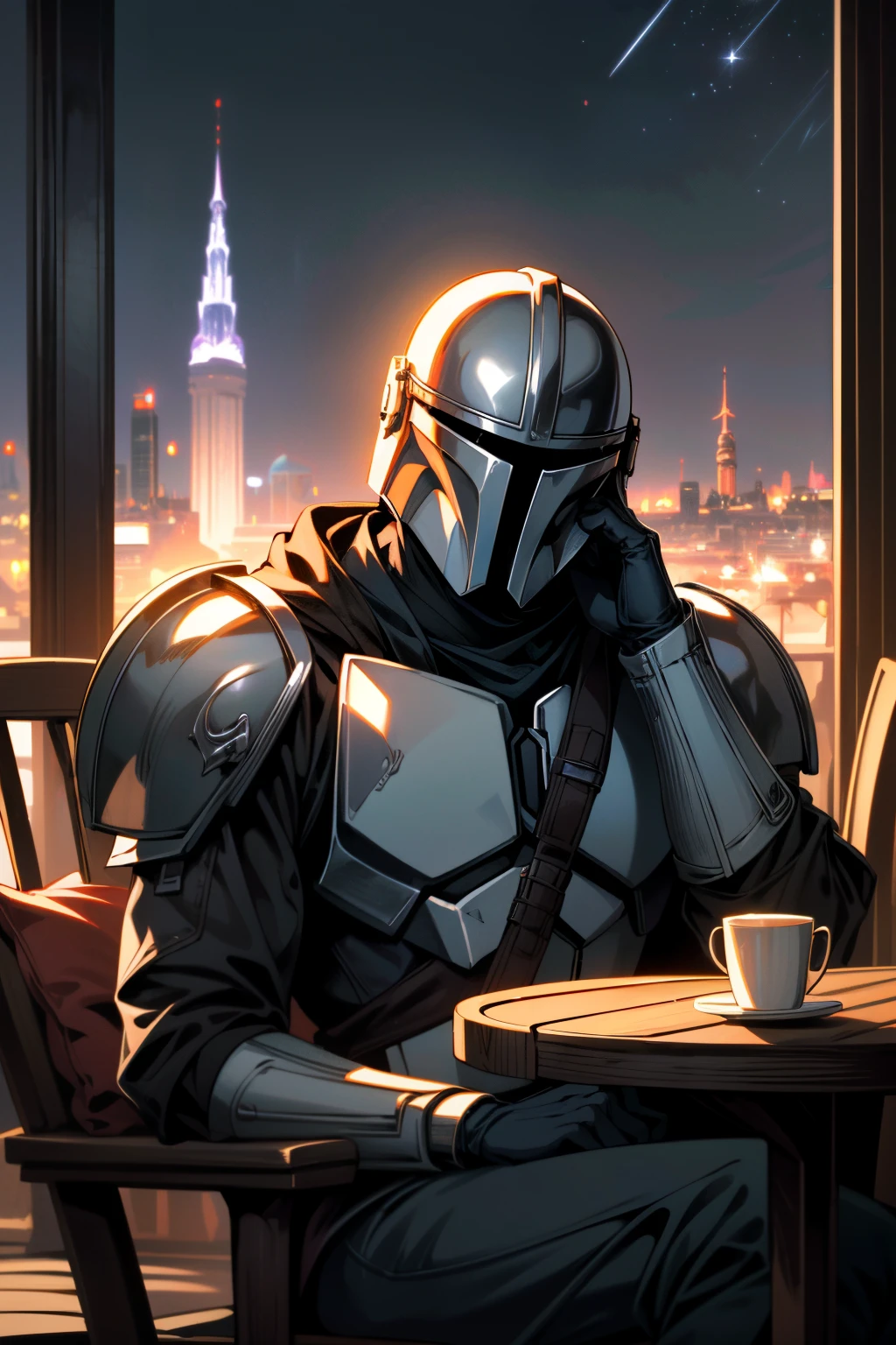 ((ultra detailed, masterpiece, absurdres))
<lora:StarWMandalorian:0.9>
StarWMandalorian, 1boy, no face, helmet, Upscale penthouse terrace, dynamic city lights, detailed modern outdoor furniture