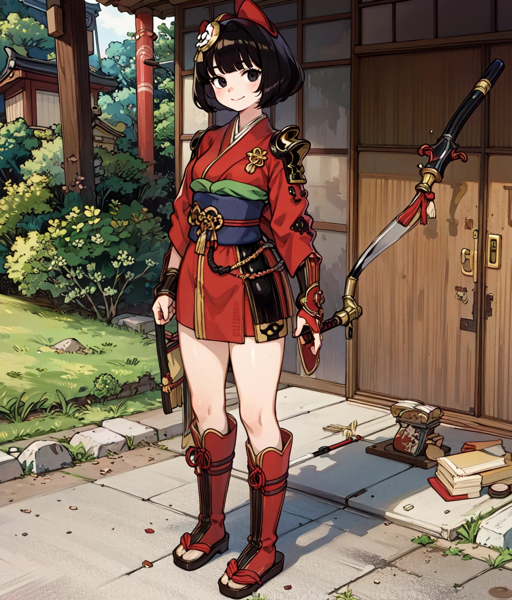 masterpiece, high res, detailed face, detailed eyes, anime screencap, 1 girl, solo, standing, smile, black hair, short hair, black eyes, hair ornament, naginata, japanese clothes, red outfit, bare legs, boots, japanese gauntlets, full body, outdoors, japanese village <lora:Tsubaki:1>