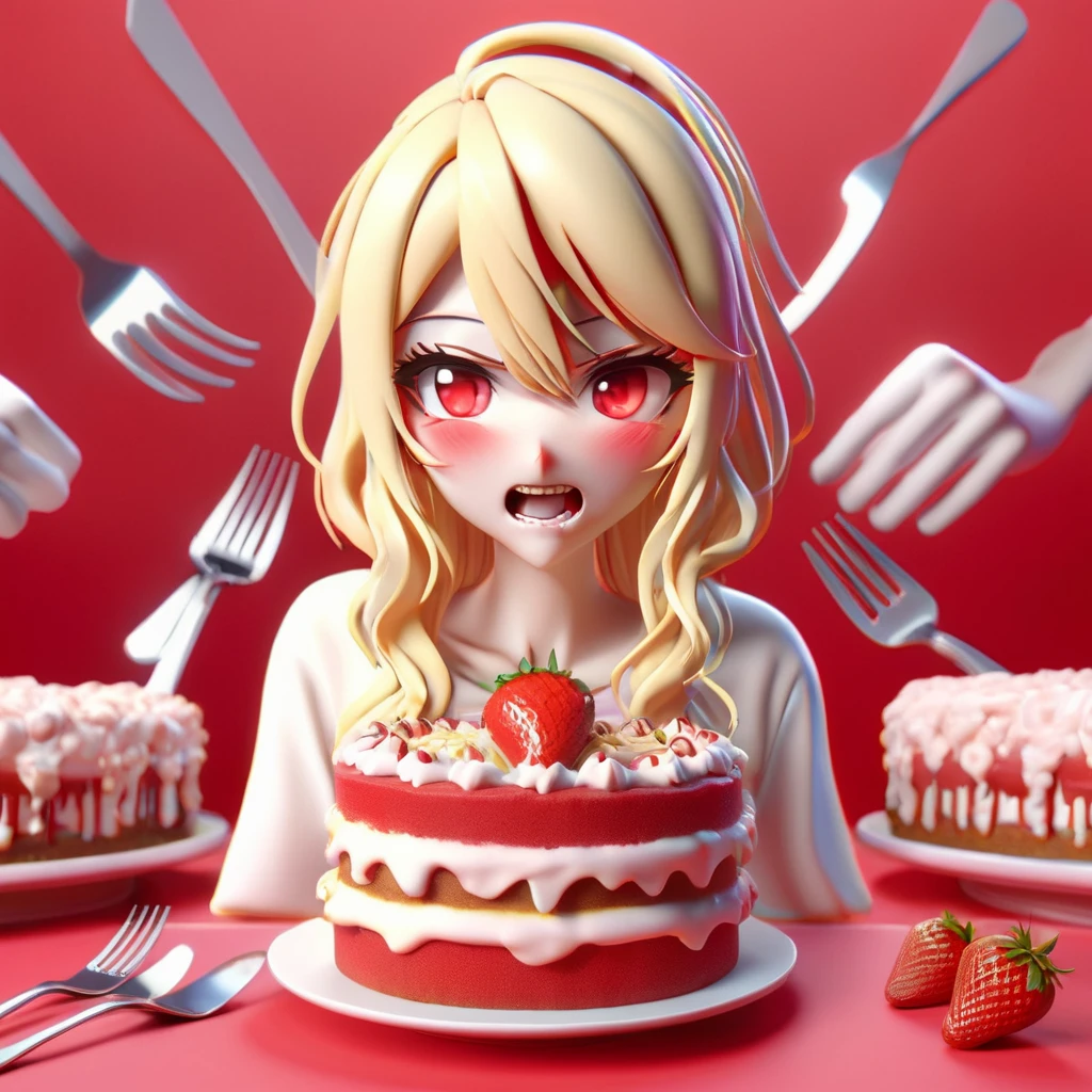 3d, 3d render,3d anime, japanese anime, highly detailed, vibrant, production cinematic, absurdres, highres, 1girl aegyo_sal blonde_hair cake ear_piercing earrings food fork holding holding_fork holding_knife jewelry knife piercing pudding red_background red_eyes ringed_eyes simple_background solo strawberry_cake teeth