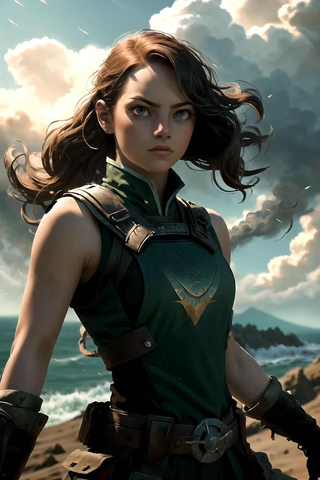 masterpiece, absurdres, best quality, <lora:Emma_Stone-v1-01:1.4>3mm4, woman, looking away, solo, (full body:0.6), detailed background, detailed face, (<lora:PrecursorTech:0.6>, geometrical steel, precursortech theme:1.1), hair flowing in the wind, martial artist, dynamic pose, fighting stance, clenched fist, hitting, fingerless gloves, dragon themed clothes, sleeveless fighter clothes, oceanic cliffside in background, dust cloud, depth of field, dynamic composition, mystical eastern medieval atmosphere, , large format, sideways, cropped arms, candlelight,chiaroscuro, , 135mm f1.8, shot on Leica M3