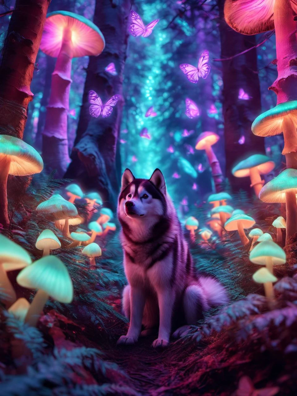 pet portrait of 1 chubby husky facing camera in a glowing forest with glowing mushrooms and glowing butterflies, hd, pet photography, full body portrait, distant portrait  <lora:glowing_forest_pet_portrait-000004:1>