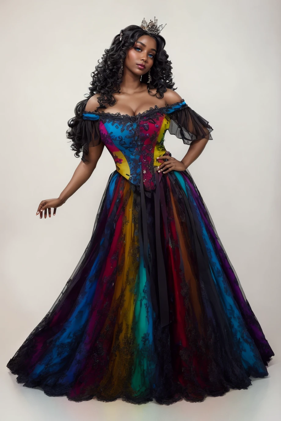 woman,   Adult, curvy,  looking at viewer,  (portrait photo:1.3), (long black wavy hair:1.3), (dark skin:1.2), b34uty_g0wn_3,long multi colored gradient gown, lace, puffy underskirt, off shoulder,  tiara,  <lora:b34uty_g0wn_3-15:0.8>, best quality, high detail, high quality, high res, 4k,eyeliner, pouty lips,  detailed skin texture,  (blush:0.5), white background, smiling