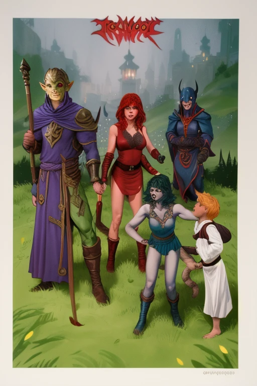 cinematic film still, comic, party of MegaTits adventures, Classic_DnD , contrasting colors, dangerous monstrous evils, evil mage, red head woman, muscular attractive hero, evil undead, dynamic and line work, vampire attacks Epic battle of good and evil, maiden being hunted by Demon_War evil orcs,   <lora:MegaTits:0.2> <lora:Classic_DnD-000008:0.7> <lora:Demon_War:0.05>, graphic illustration, comic art, graphic novel art, vibrant, highly detailed, shallow depth of field, vignette, highly detailed, high budget Hollywood movie, bokeh, cinemascope, moody, epic, gorgeous, film grain, grainy