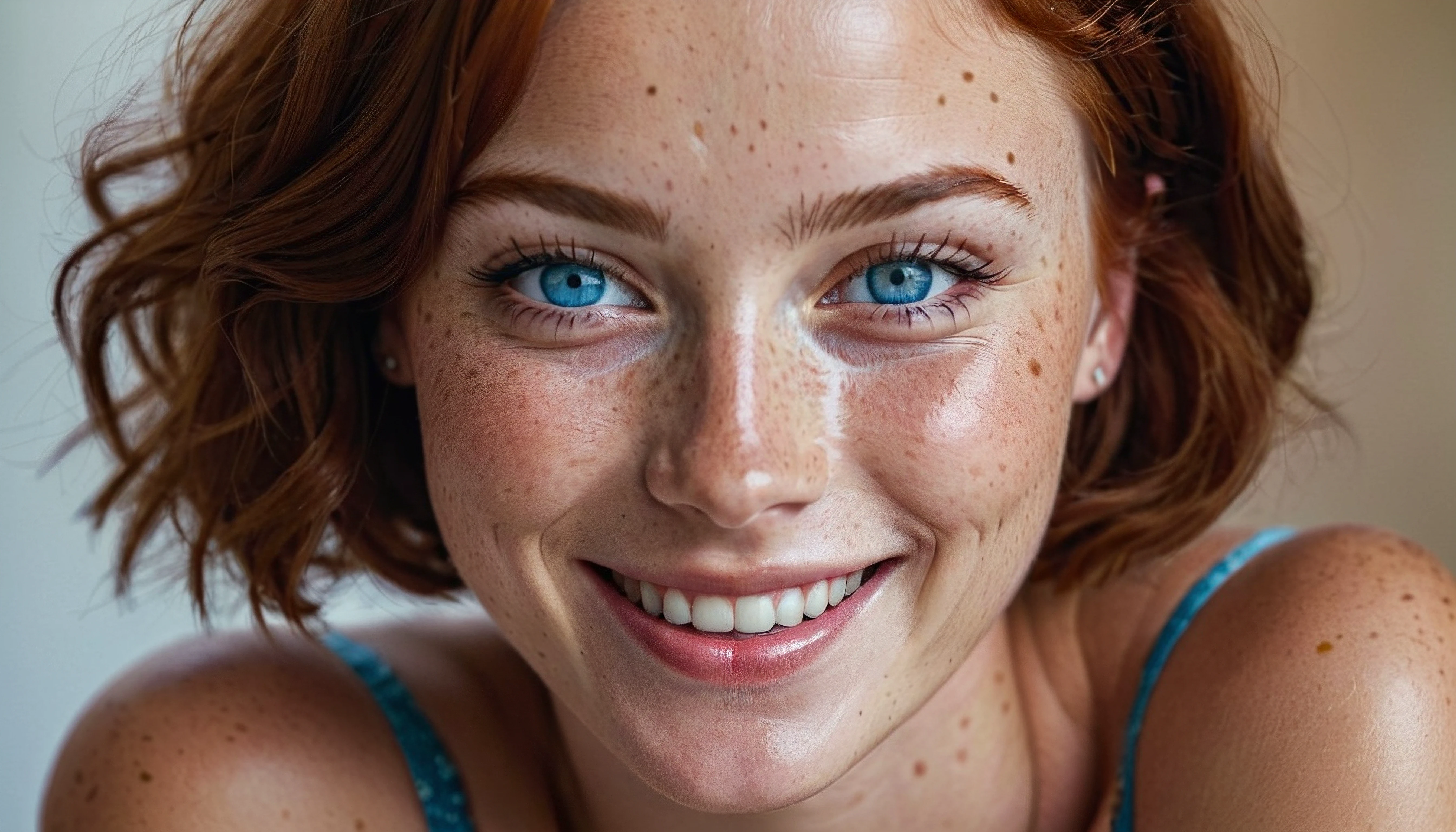 beautiful lady with freckles and a big smile with blue eyes and short hair wearing dark makeup in soft light