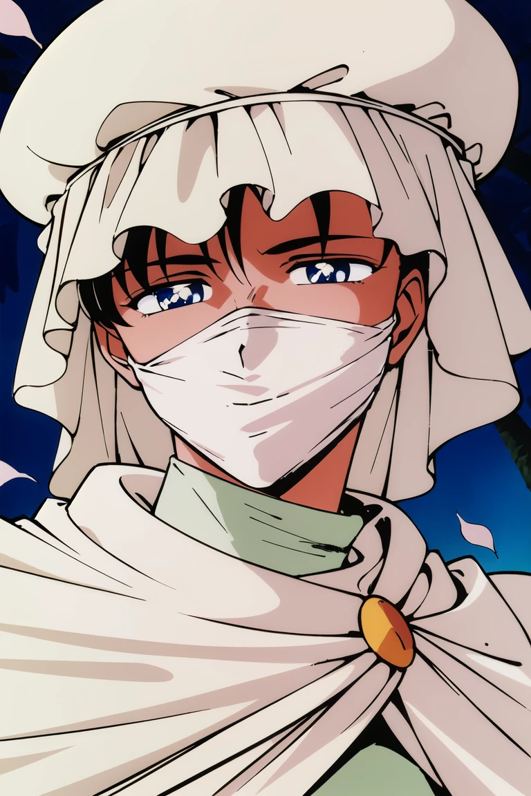 masterpiece,best quality,highres,<lora:Moonlight Knight:0.6>,Moonlight Knight,1990s \(style\),1boy,solo,retro artstyle,looking at viewer,turban,blue eyes,white rose,falling petals,white petals,character portrait,mouth mask,