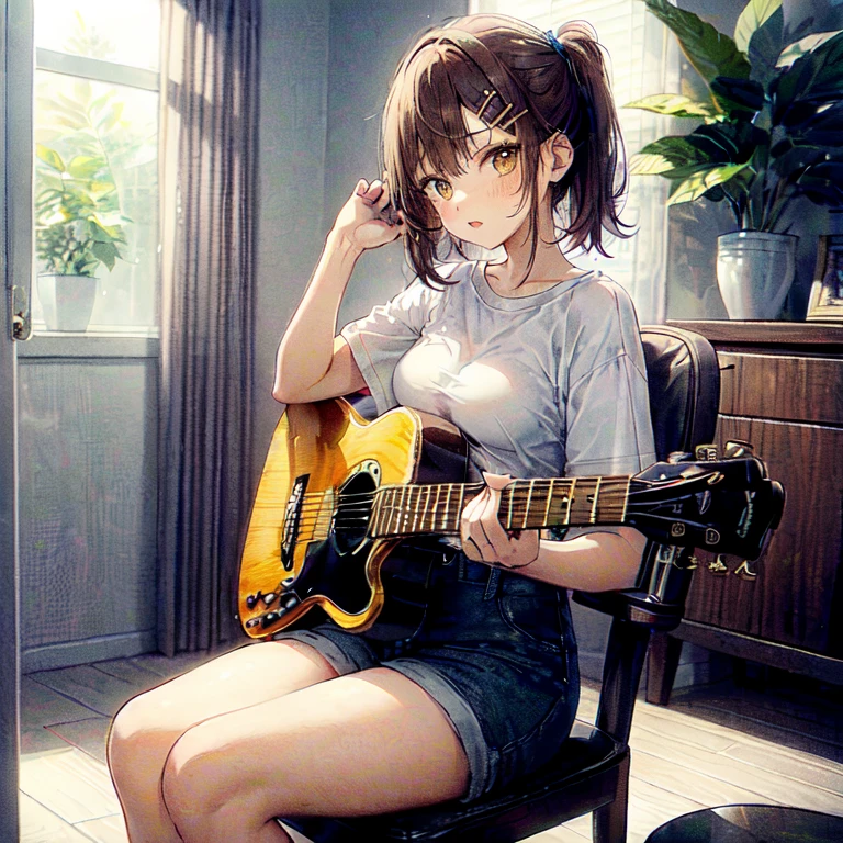 (Best quality, 8k, 32k, Masterpiece, UHD,:1.2),RAW, 2girls,ultra cute , natural lighting,transparent shining eyes, 20yo,medium breast ,fair complexion ,flushed face,dynamic Lighting,((Brown oversized Hoodie:1.3)), short denim pants, sitting on the floor, at own room, have a guitar, Playing the guitar, ((Evening)), nostalgic, headphones on neck
