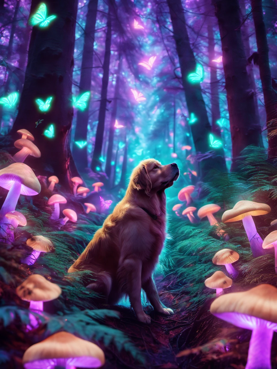 pet portrait of 1 chubby golden retriever in a glowing forest with glowing mushrooms and glowing butterflies, hd, pet photography, distant portrait  <lora:glowing_forest_pet_portrait-000004:1>