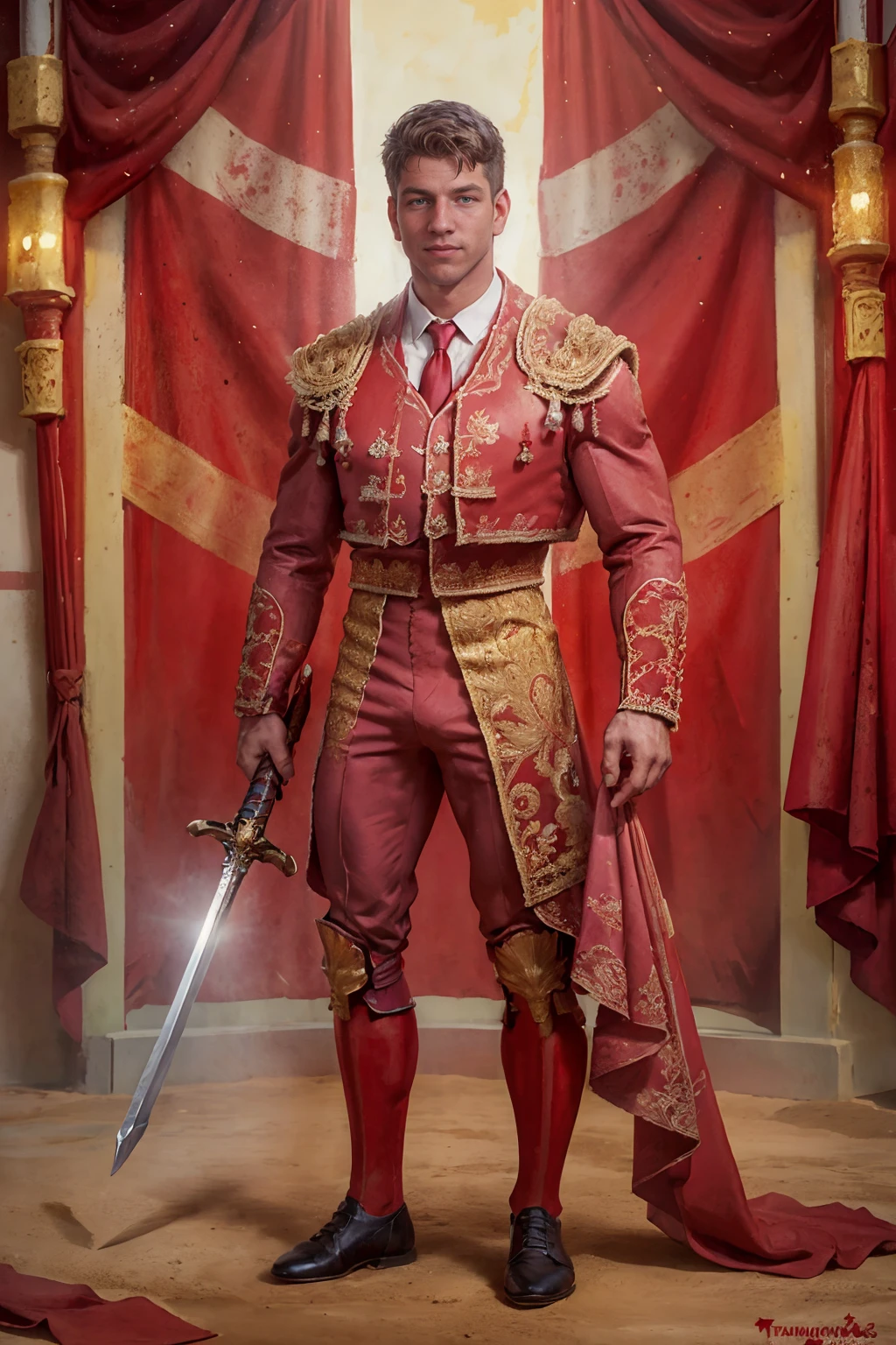 bullfighting arena, dirt floor, NikoVangelis, tr4j3, traje de luces, scarlet and gold, holding red drape, holding a sword, (((full body portrait))), wide angle  <lora:NikoVangelis:0.75>  <lora:tr4j3_v3:0.8>