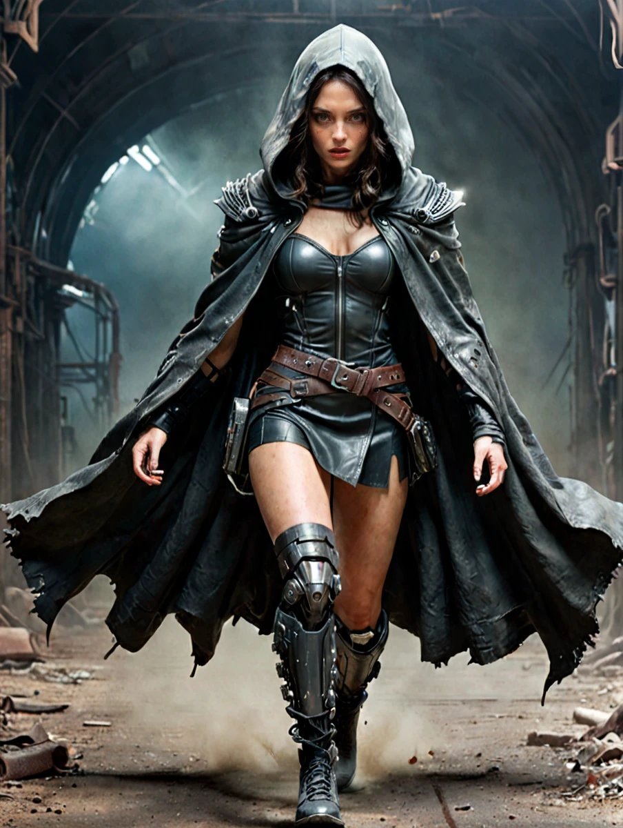 1girl caucasian centerfold, brunette, 
cybernetic robot assassin, torn hooded cloak, asymmetrical leather skirt, capturing the essence of survival, detailed skin and clothing texture under natural fading light, running, background hinting at a dystopian world, emphasizing the character's defiance, dense mist,
full body shot, from side, soft bounced lighting,
a high fashion photograph by Terry Richardson,
dynamic pose, (full body:1), (masterpiece, best quality:1.4), detailed skin texture, detailed face, detailed eyes, detailed mouth, detailed nose, detailed hands, detailed fingers,
<lora:add-detail-xl:1> <lora:DetailedEyes_xl_V2:1> <lora:xl_more_art-full_v1:0.75>
<lora:epi_noiseoffset2:0.5> <lora:fix_hands:2> <lora:PhotoDetailXL:1> <lora:clear:2>
<lora:FemaleGeneralizeHelper_V2_SDXLBase:1> <lora:repair_slider:1><lora:LCMTurboMix_DPM_SDE_Karras:1.0>