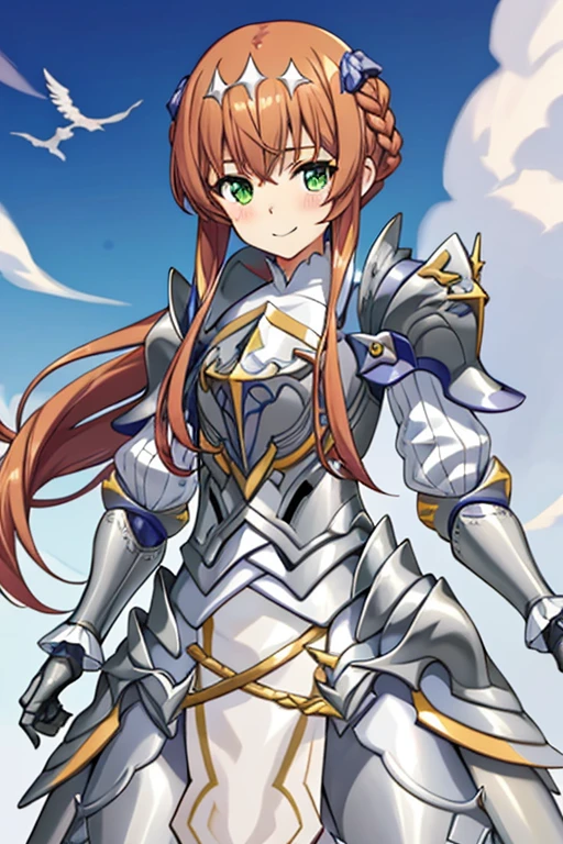 1girl, smile, blush, brown hair, green eyes,lan erma-s1, armor, braid, hair accessories