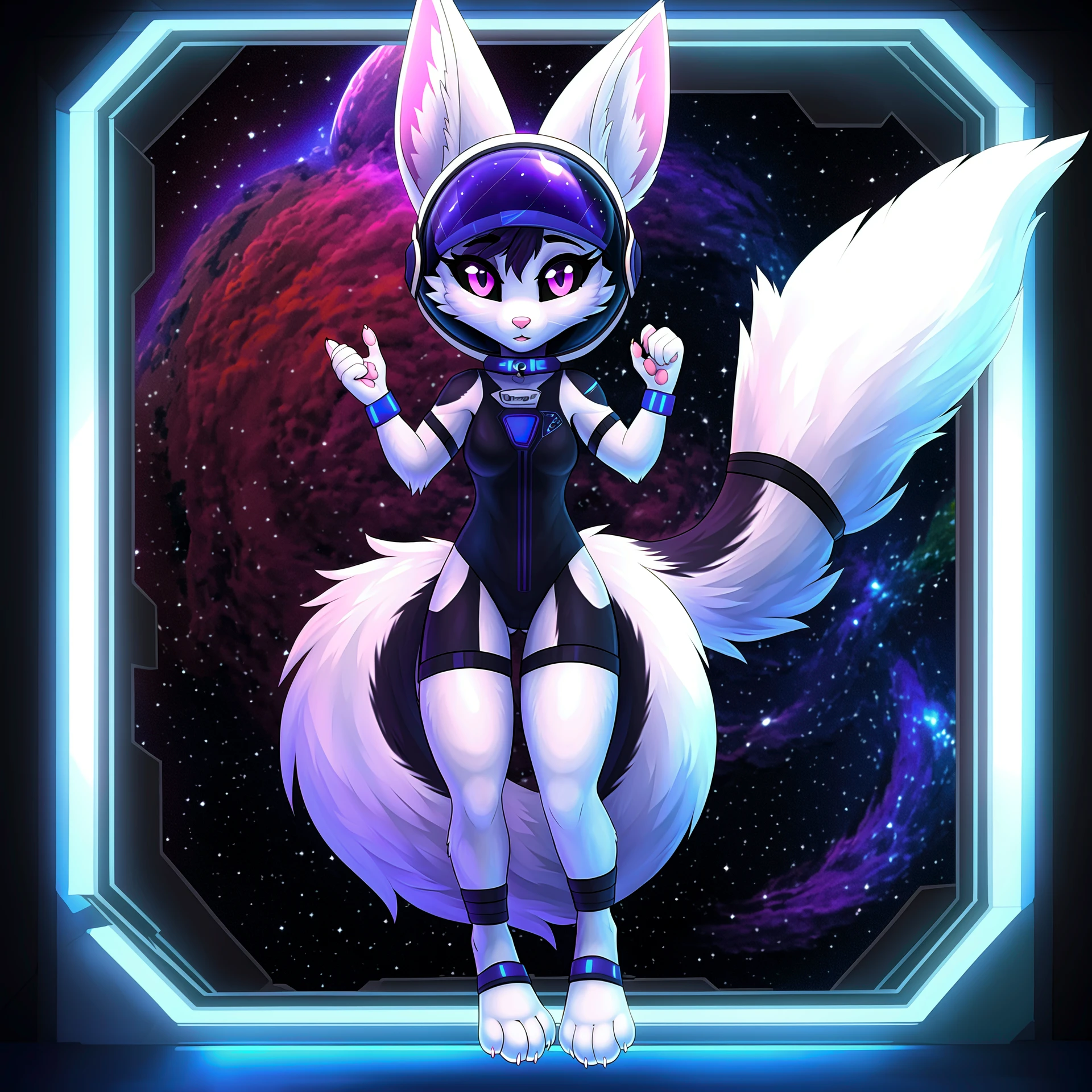 uploaded on e621, by Cory Loftis, by Chunie, by Kentowan, from side, ((full body portrait)), solo,1 boy, adorable white fox (male), white fur, pink nose, pink short hair , violtet eyes, highly detailed eyes, sexy pose, wearing a white crop top, black rounded glasses, white skirt, pink stockings and pink sneakers, smiling, pink stars tatoo around body, looking at viewer (pink backlighting:), (pink blue lighting), masterpiece, highres, (black background, night), colorful, aesthetically pleasing.