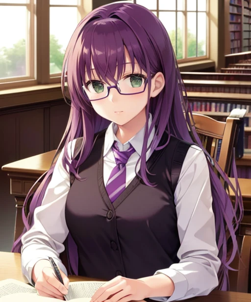 huge breasts, small smile, anime girl with purple hair and glasses sitting at a table, anime moe art style, red clothes, realistic anime style, anime style like fate/date night, marin kitagawa fanart, misato katsuragi, she has purple hair, high quality anime artstyle, illya kushinov with long hair, nightcore, (anime girl),