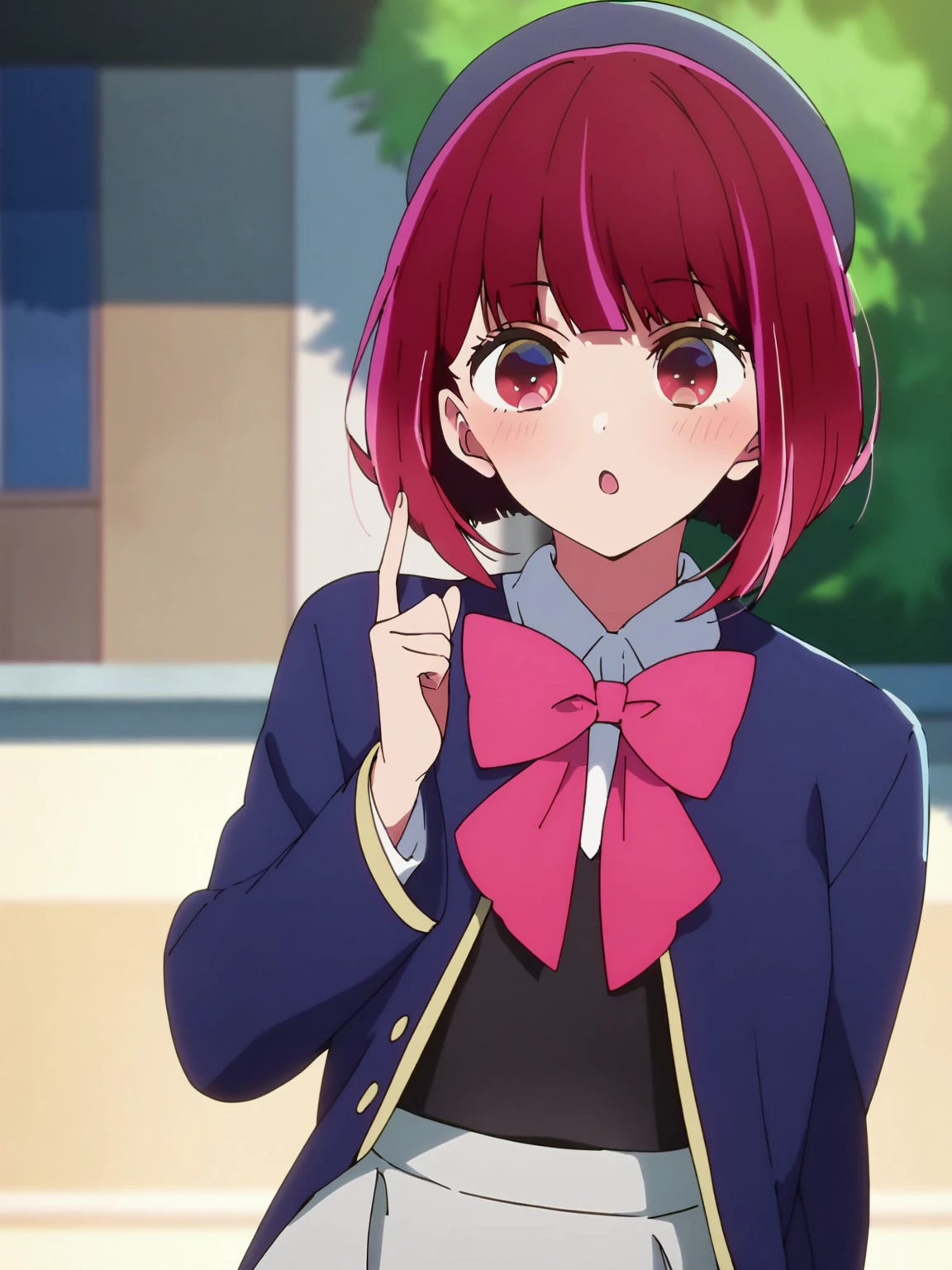 1girl, arimakana, red hair, short hair, red eyes, bob cut, BREAK
 hat, school uniform, white shirt, blue jacket, pink bow, black corset, white skirt, BREAK
<lora:arimakana_ponyxl:1>, score_9, score_8_up, score_7_up, score_6_up, score_5_up, score_4_up, anime, uncensored