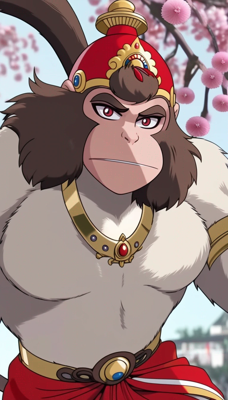 H8NUM8N, anime style, full body, wide angle, brown hair with smile, golden crown, monkey face, (happy:1.5), white furry body, red cloth, bloom, ambient occlusion, sun, beautiful detailed eyes, masterpiece, glowing flowers behind, light particles, bokeh, depth of field, 8k, highly detailed