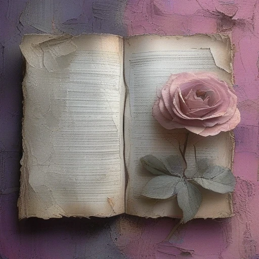 <lora:artfullyparched-v1-000014:1>,
old paper,a shaky old book with roses on it,aerial view,carved books,cracked,distressed edges,dreamy and romantic compositions,fine lines,in the style of broad palette knife marks,in the style of pale palette,in the style of rustic texture,letterboxing,organic sculpting,raw versus finished,rectangular fields,torn,whitewashed narratives,tarot art with flower carvings,apocalypse art,concept art,detailed rendering,dramatic,embossed paper,installation creator,light silver and light purple,light gray and magenta,neo-concrete art,this piece of art looks like a painted face,book art installations,dark white and light violet,daydreampunk,detailed textures,text-based mixed media,layered stencil work,in the style of floral surrealism,