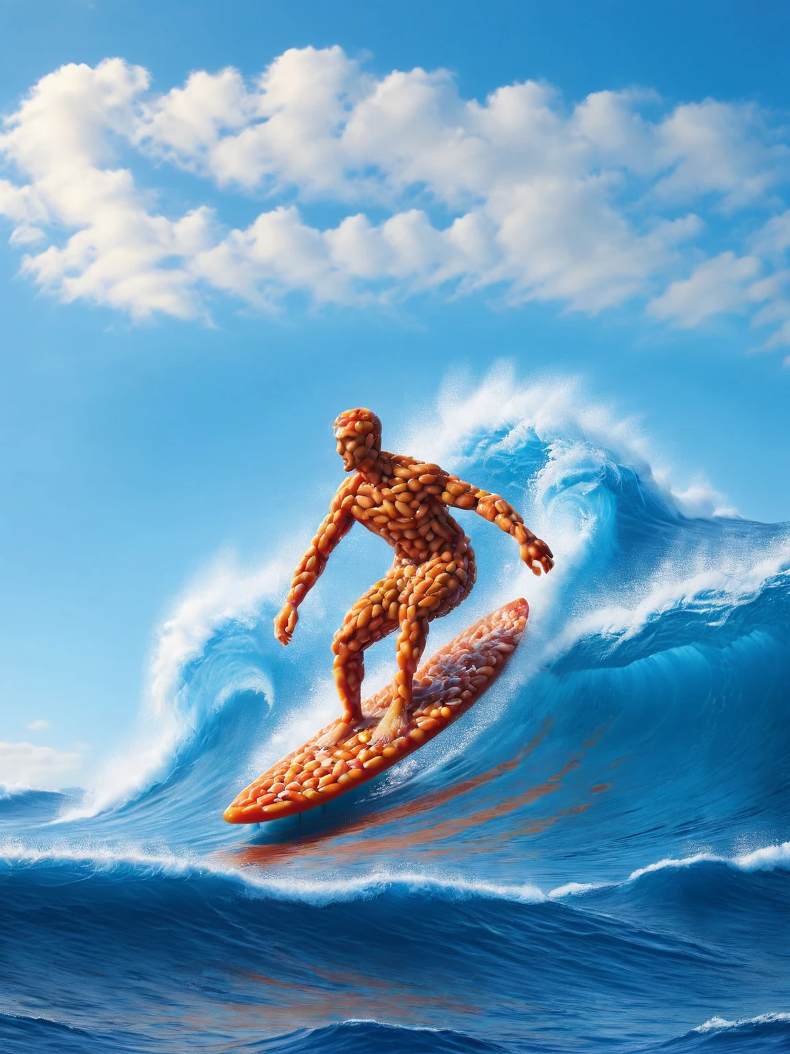A dynamic photograph captures a man named Ral-Toothp, an artist known for his unique toothpaste art, as he rides a wave made entirely out of pages from famous novels. The wave's texture is intricately detailed, with each page rippling and creasing realistically. The colors of the novel covers create a vibrant mosaic effect on the water. Ral-Toothp wears a red swimsuit and goggles, his face expressing a mix of excitement and concentration as he catches the wave's peak. Behind him, the sun sets over a calm ocean, casting long shadows on the water. The scene is filled with a sense of creativity and adventure.