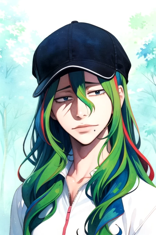 (best quality:1.1), (masterpiece:1.4), illustration, , upper body, , (watercolor illustration, soft pastel colors:1.1), (realistic:1.4), 1boy, solo, male focus, <lora:yuusuke_makishima:0.94>, yuusuke_makishima, green hair, blue eyes, long hair, streaked hair, red hair, hair between eyes, , golf cap, ,
