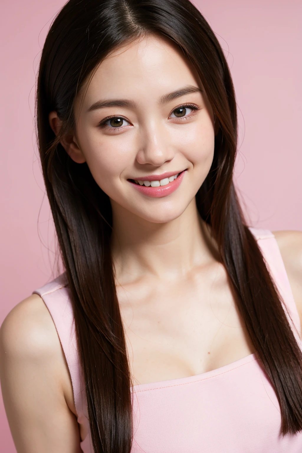 hyper realistic, masterpiece, best quality, ultra detailed, photorealistic, 1girl, smile, pink background