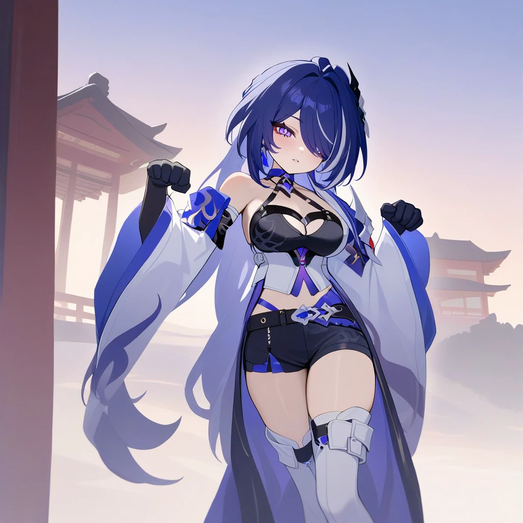 1girl, solo, acheron, outfit, newest, looking at viewer, chibi, paw pose, east asian architecture, masterpiece, best quality <lora:Acheron-000021:0.9> <lora:style_onmyoji_xl-000009:1.0>