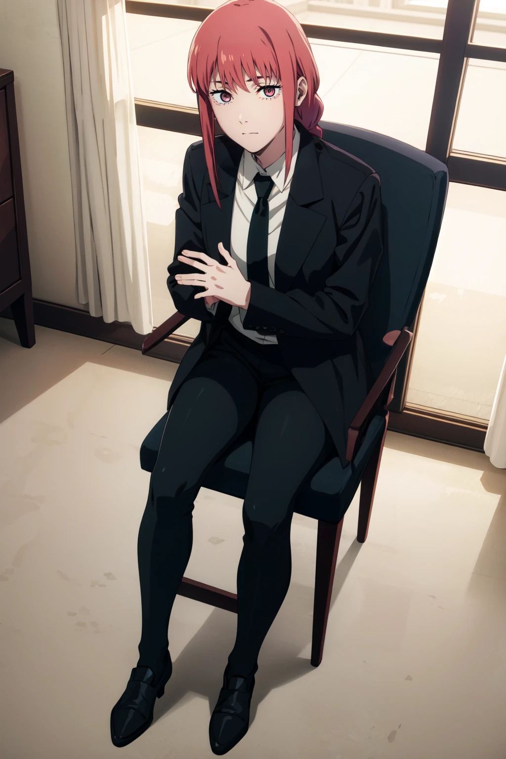 <lora:anime_screencap_v2:0.3> tall body, tall, long legs, mature female, mature, adult, <lora:GoodHands-beta2:1.4>,
<lora:eft_makima-02:0.8>, EFT_Makima, makima (chainsaw man), 1girl, solo, necktie, formal, suit, black necktie, shirt, yellow eyes, ringed eyes, looking at viewer, smile, sitting, braid, business suit, own hands together, collared shirt, braided ponytail, white shirt, red hair, window, black pants, pants, chair, bangs, jacket, medium hair, sidelocks, black jacket, office lady, light smilev