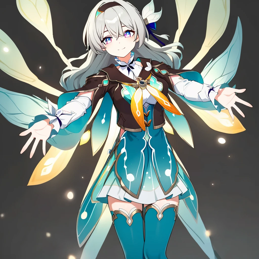best quality, masterpiece, <lora:firefly:1>,firefly \(honkai: star rail\), 1girl, solo, black background, simple background, full body, looking at viewer, outstretched arms, smile, closed mouth, skirt, dress, blue thighhighs, capelet, long sleeves, virtual youtuber, wings, open hands