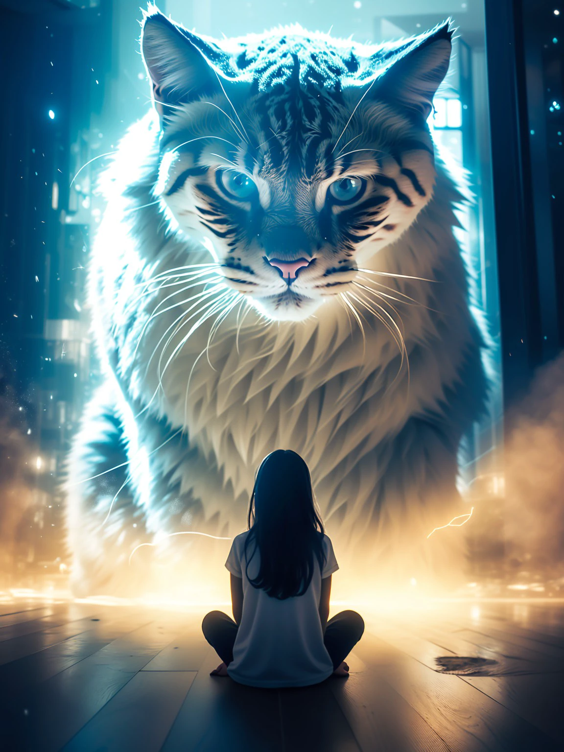 masterpiece, high quality, a girl sitting by herself in front of a big cat, guardian, <lora:guardian:0.8>
