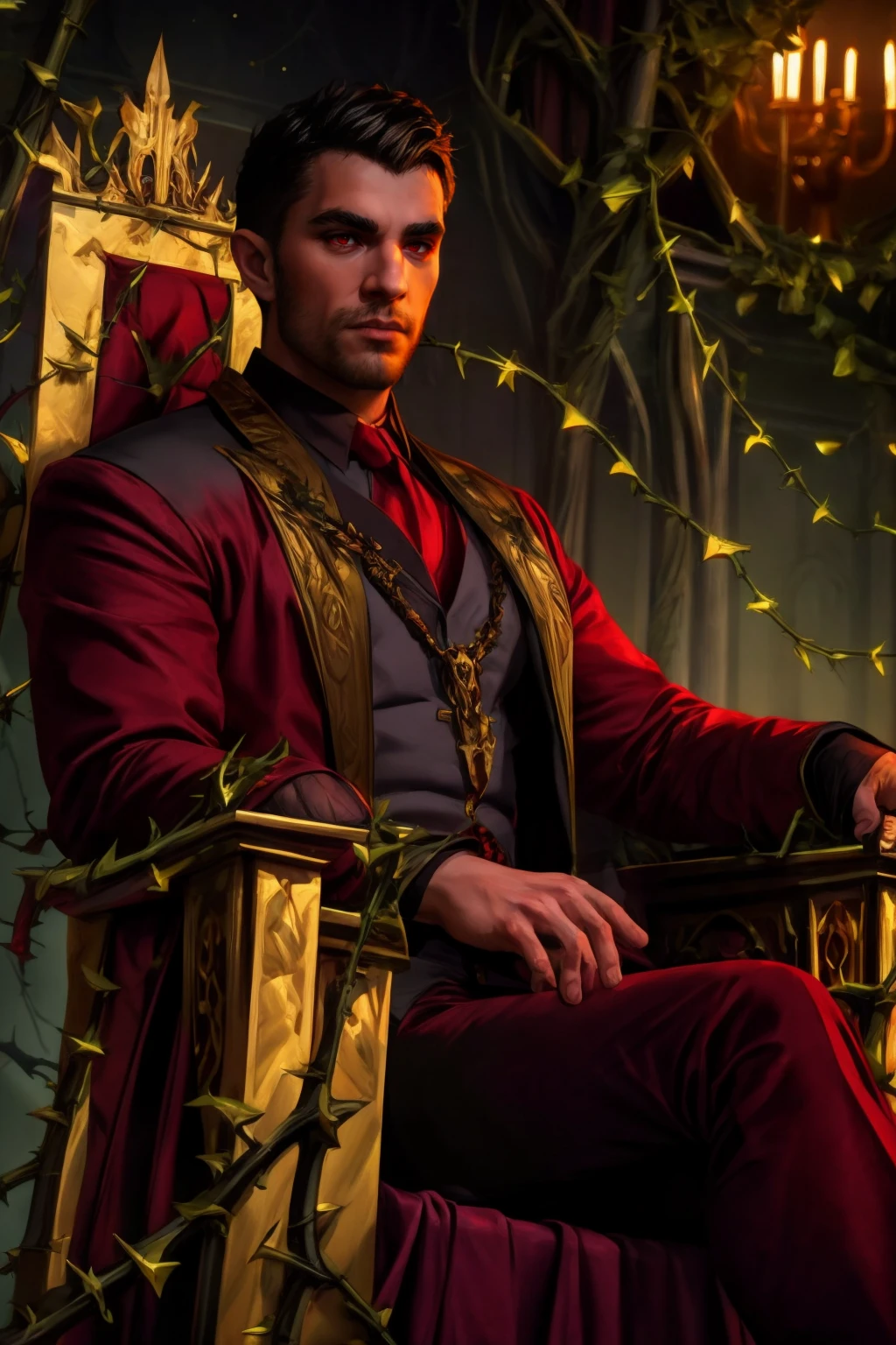 a handsome male, a handsome male, vampire, red eyes, short black hair, sitting on throne, throne room, thorns, vines, best quality, masterpiece, absurdres, depth of field, dof, cinematic lighting, bokeh