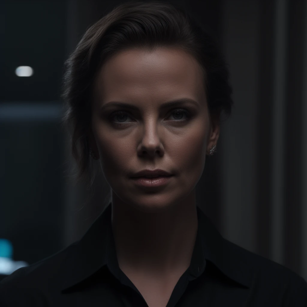 Best_QualityPos, RAW photo, intricate details, best quality, 8k uhd, soft lighting, 1girl, solo, charlize theron, black collared shirt <lora:Charlize_Theron:0.3> <lora:LowRA:0.6>