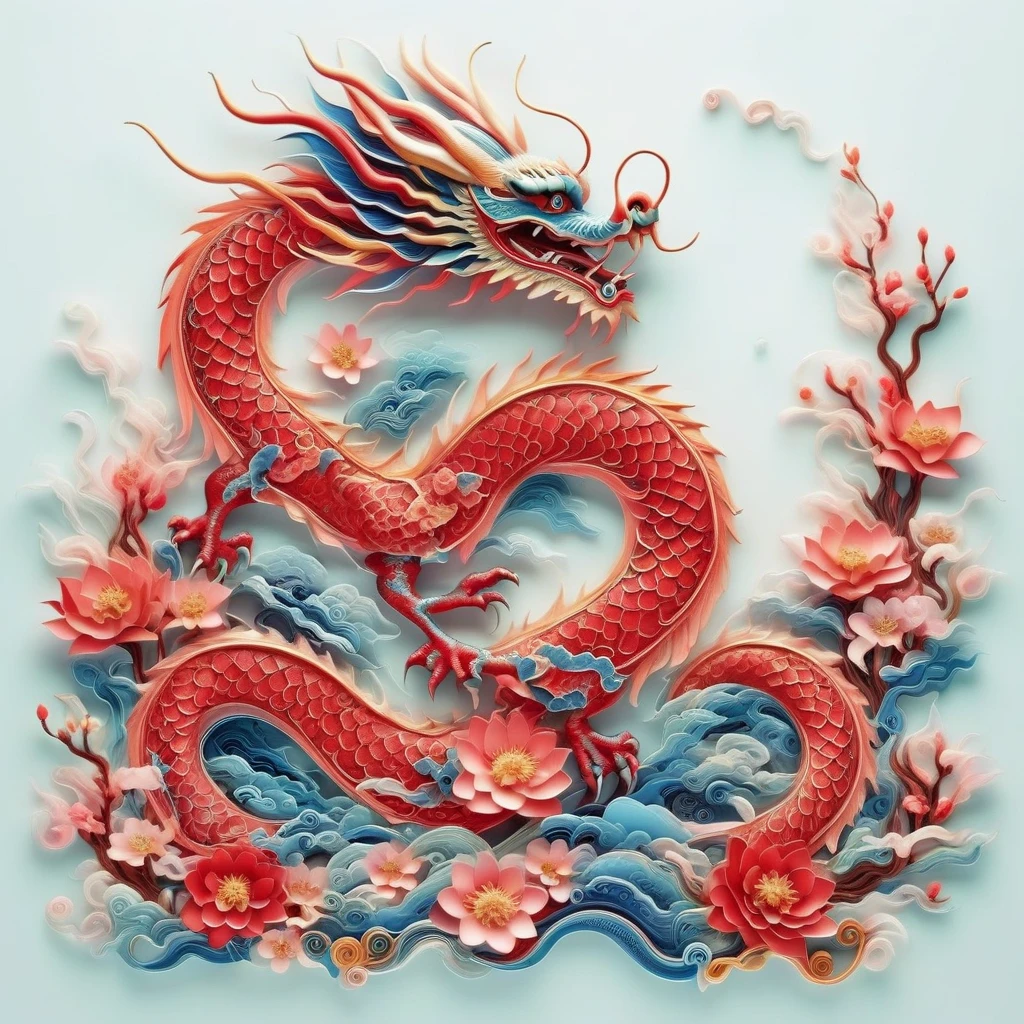 an image of red chinese dragon,cloud, trees,water, flowers,paper quilling art style, <lora:20240205_spring_dragon_checkpoint-4000:1.0>