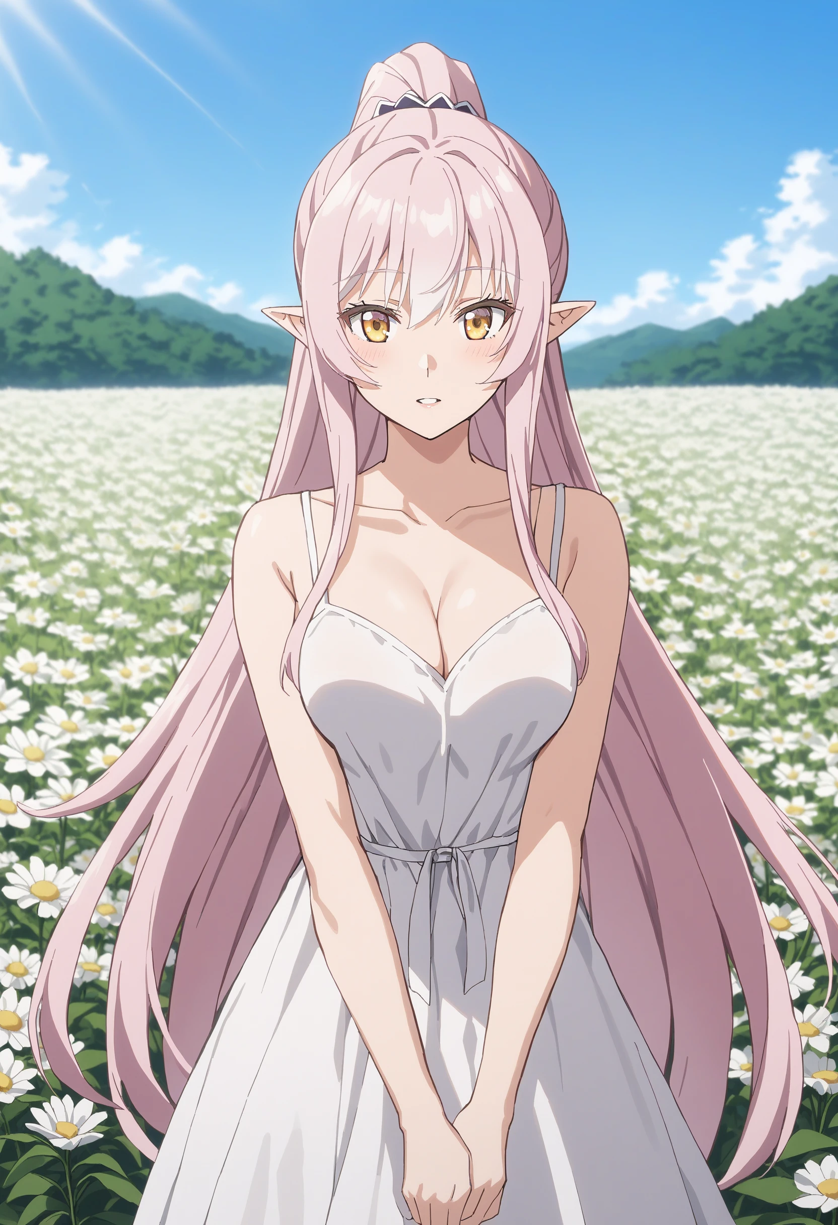 sysdeep_ariane, 1girl, solo, long hair, breasts, cleavage, very long hair, ponytail, yellow eyes, pink hair, gray hair, sidelocks, day, pointy ear elf, white summer dress, flower field, outdoor, <lora:Ariane Glenys Maple - [Skeleton Knight in Another World] - XL Version 1-000008:1>