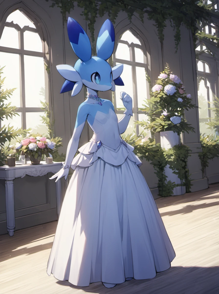 palowrld-chillet,  pokemon,
flower, (furry female:0.7), 1girl, 
manor, solo, standing, long white dress, ballroom dress, white gloves, <lora:palworld_chillet_xl_lora_v3-000014:0.85>
