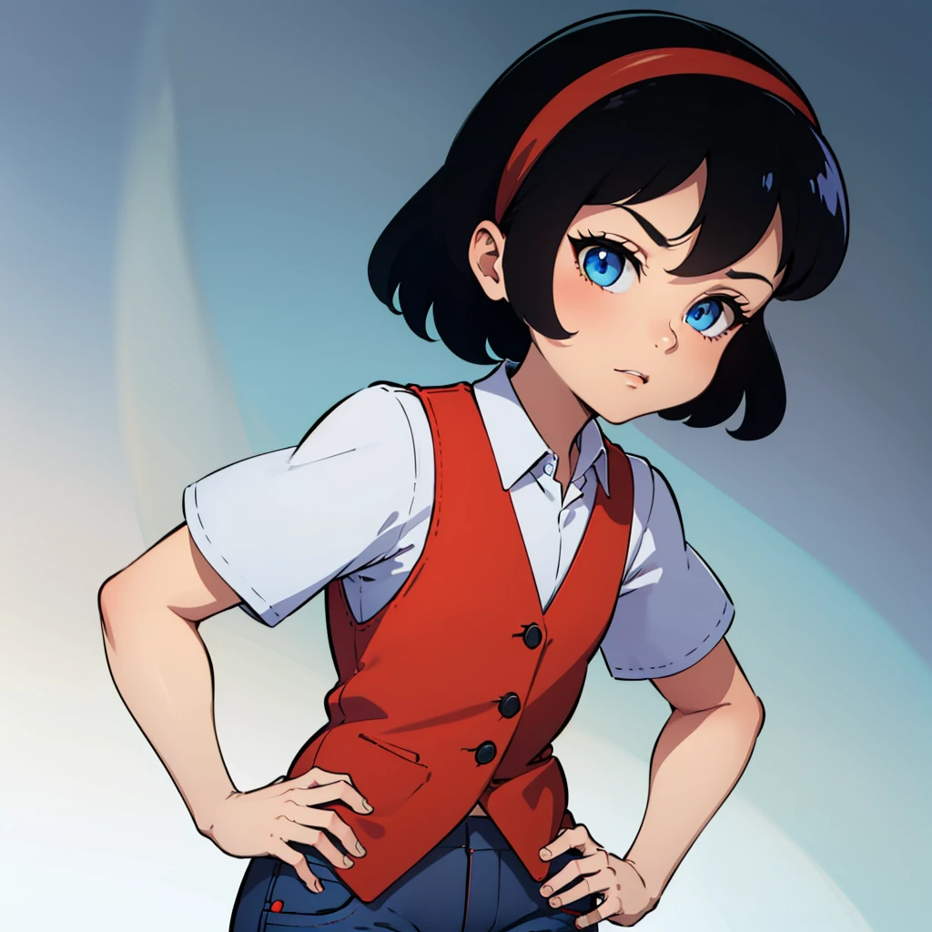 1girl, solo,  black hair, blue eyes, red headband, short hair, shirt, red vest, bea,  blue pants,  <lora:Bea_MightyMax_Leaf2-10:0.6>, hands on hips,  gradient background, simple background,