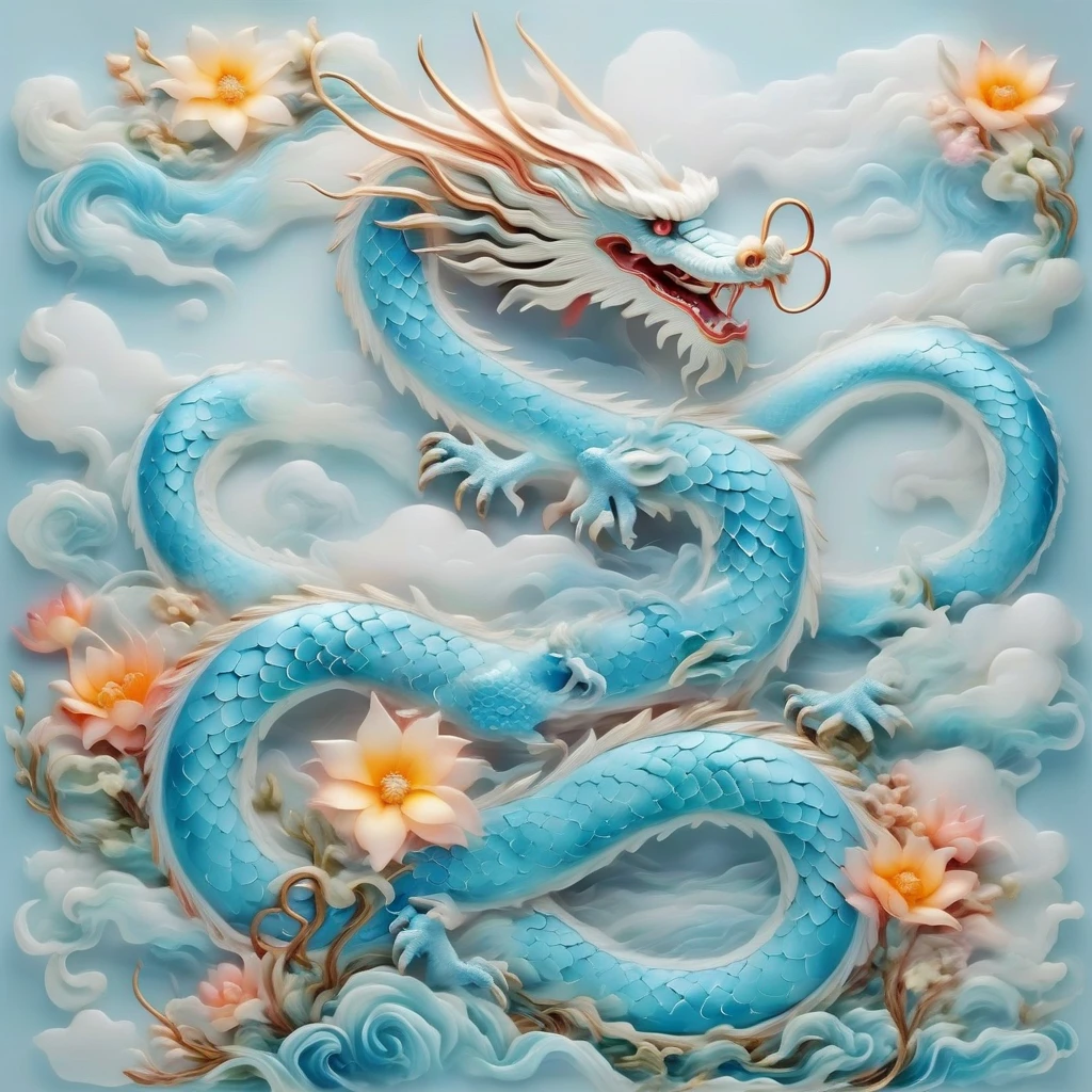 a chinese dragon made of blue and white porcelain, jungle waterfall in the background, zavy-chnsdrgn, SimpleNegativeV3,