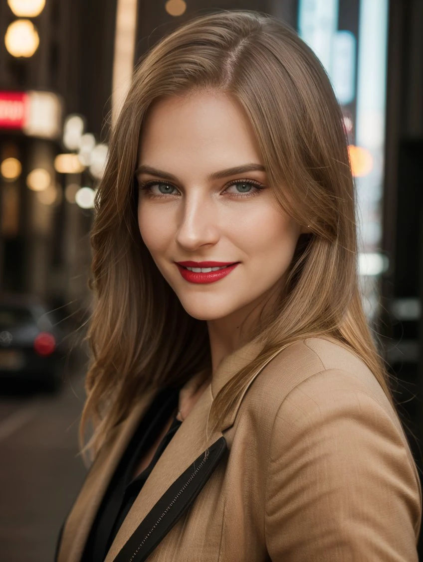 cinematic film still RAW photo of HannaNoMake, smiling, red lips, blonde straight hair, business clothes, (looking at viewer:1.1), <lora:backlight_slider_v10:1.2>, <lora:epiCRealismHelper:1>, <lora:skin_tone_slider_v1:-1>, modern empty street at night background, 8K, 16k, uhd, dslr, best quality, high quality, realistic, photo-realistic, ultra-detailed, <lora:HannaNoMake:1>, PA7_Portrait-MS . shallow depth of field, vignette, highly detailed, high budget, bokeh, cinemascope, moody, epic, gorgeous, film grain, grainy