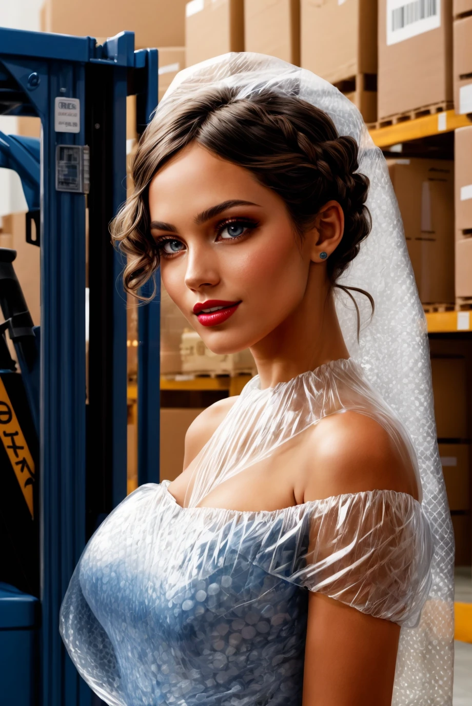 Adult, looking at viewer,  (portrait:1.3), (Classic Finger Waves with Gem Hairpin:1.1), bubbl3_dr3ss, dress made of bubble wrap, very long bubble wrap veil, puffy sleeves,  <lora:bubbl3_dr3ss-06:0.8>, best quality, high detail, high quality, high res, 4k,eyeliner, pouty lips,  detailed skin texture,  (blush:0.5), (storage warehouse:1.3),  lots of cardboard  boxes, forklift, smiling,