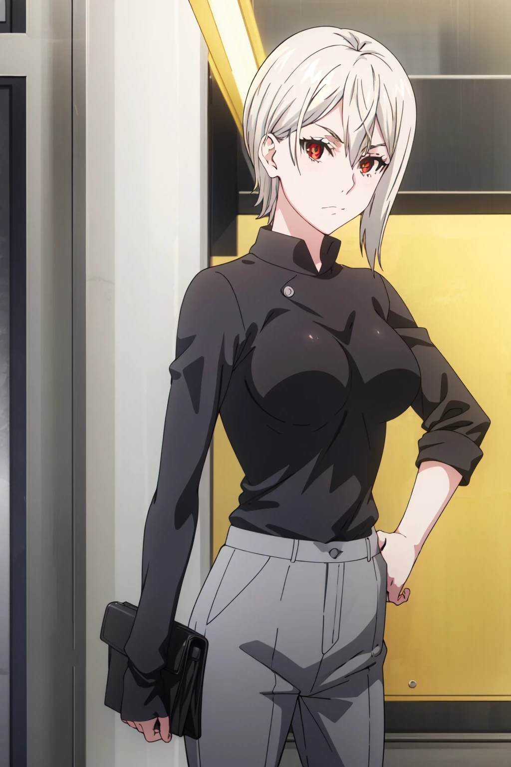 <lora:anime_screencap_v2:0.3> tall body, tall, long legs, mature female, mature, adult, <lora:GoodHands-beta2:1.4>,
 <lora:eft_foodwars_alice-02:1> EFT_Foodwars_Alice, red eyes, solo, short hair, looking at viewer, 1girl, hair between eyes, white hair, sweater, upper body, closed mouth