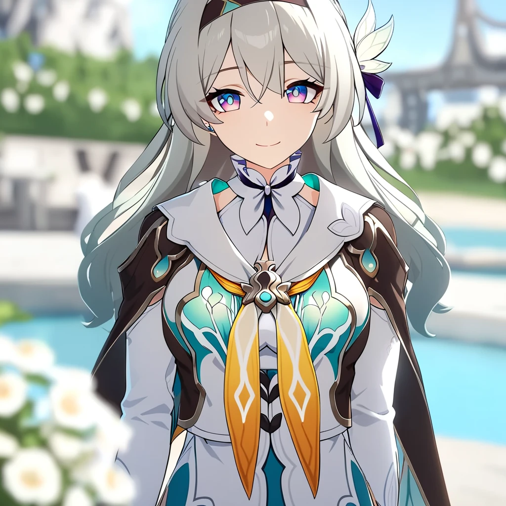 best quality, masterpiece, <lora:firefly:1>,firefly \(honkai: star rail\), 1girl, solo, outdoors, blurry background, looking at viewer, smile, closed mouth, jacket, white dress, long sleeves, white flower, headband