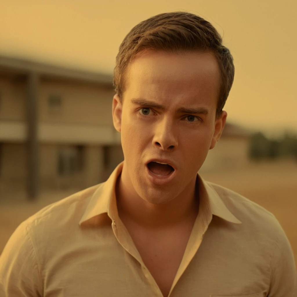 cinematic film still of  <lora:Warm Lighting Style:1>
warm light,a man with a surprised look on his face,warm lighting style,solo,looking at viewer,short hair,open mouth,shirt,1boy,monochrome,male focus,teeth,collared shirt,blurry,blurry background,portrait,realistic,sepia,yellow theme,orange theme 3200k, orange color, yellow color, warm color, straw color, golden color, shallow depth of field, vignette, highly detailed, high budget, bokeh, cinemascope, moody, epic, gorgeous, film grain, grainy