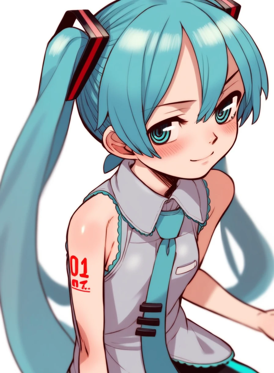 score_9, score_8_up, score_7_up, score_6_up, source_anime, okina_style,
hatsune_miku, 1girl, aqua eyes, smirk, aqua hair, blush, collared shirt,long hair, necktie, sleeveless shirt, solo, twintails, medium shot , vocaloid, white background,
<lora:okina_ponyxl-000020:1>