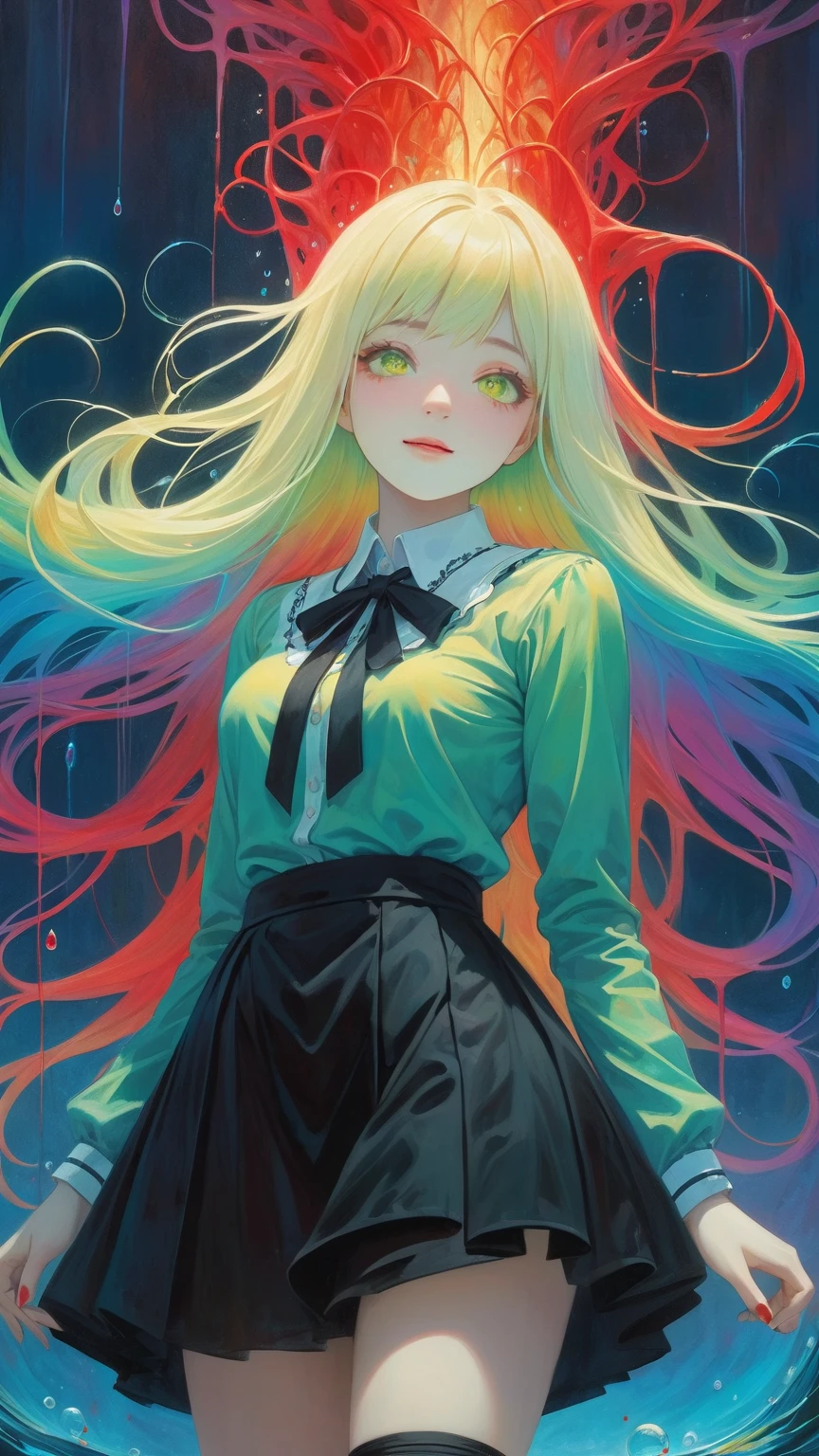 a Girl,laughing,Colorful colors,surrounded by water bubbles,in the style of Kawacy,Masterpiece,Oil painting drawn in anime style,head close - up,exaggerated perspective,Tyndall effect,water drops,mother - of - pearl iridescence,Holographic white,chess queen outfit,anime girl,girl with a pretty face,white gold hair,green eyes,goth girl,((sexy school uniform)),wearing a stylish very sexy school uniform,with a funny expression on her face,Hellwalker,incombing death,black bloody veins growing and intertwining out of the darkness,oozing thick yellow blood,veins growing and pumping blood,(chubby female body:0.8),vascular networks growing,connecting,explanding,red veins everywhere,zdzislaw beksinski,(sharp colors:1.3),(rainbow skin:1.1),(Infrared:1.2),ultra detailed,intricate,((dry brush, ultra sharp)),(surrealism:1.4),(disturbing:1.5),beksinski style painting,satanic symbols,(full torso),full body in frame,centered body,kawaii,realistic,((intricate details)),(pale gothic evil queen),ibrant,action-packed,detailed character design,reminiscent of fighting video games,black bloody veins growing and intertwining out of the darkness,oozing thick neon rainbow blood,veins growing and pumping blood,vascular networks growing,connecting,explanding,red veins everywhere,zdzislaw beksinski,(vibrant colors:1.1),dynamic pose,perfect face,(realistic eyes),perfect eyes,((dark gothic background)),sharp focus,