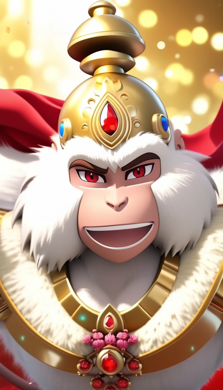 H8NUM8N, anime style, full body, wide angle, brown hair with smile, golden crown, monkey face, (happy:1.5), white furry body, red cloth, bloom, ambient occlusion, sun, beautiful detailed eyes, masterpiece, glowing flowers behind, light particles, bokeh, depth of field, 8k, highly detailed